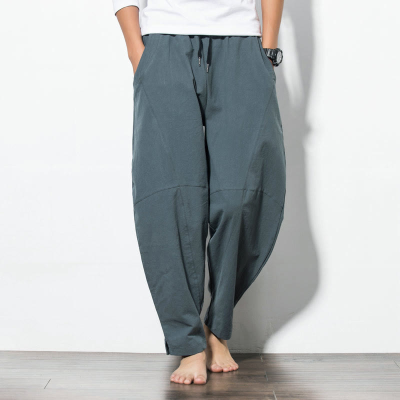 Buddha Stones Men’s Cotton Drawstring Pants – Casual Solid Color Relaxed Pocket Style