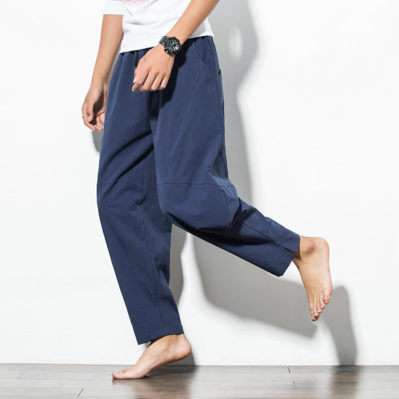 Buddha Stones Men’s Cotton Drawstring Pants – Casual Solid Color Relaxed Pocket Style