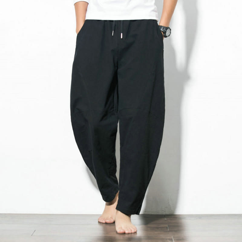 Buddha Stones Men’s Cotton Drawstring Pants – Casual Solid Color Relaxed Pocket Style