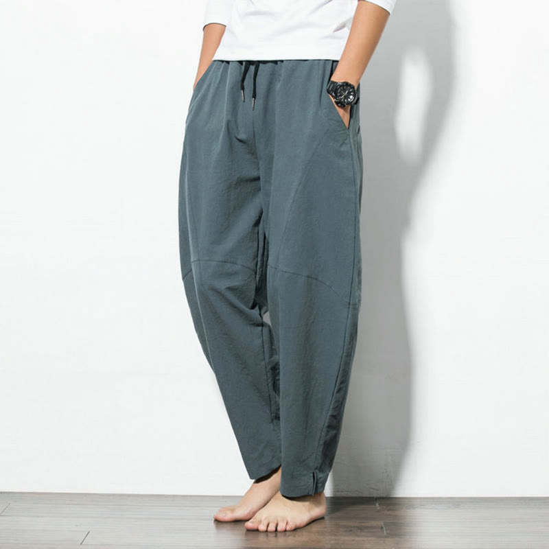 Buddha Stones Men’s Cotton Drawstring Pants – Casual Solid Color Relaxed Pocket Style
