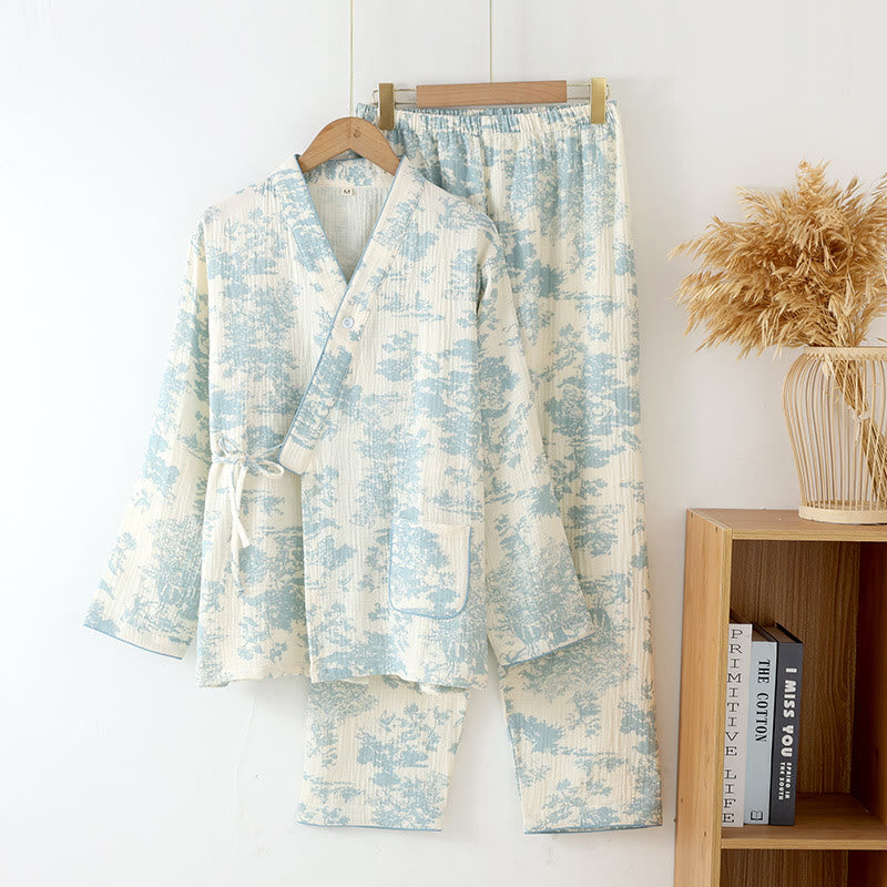 Women’s Cotton Gauze Kimono Pajama Set – Lightweight Breathable 2-Piece Loungewear