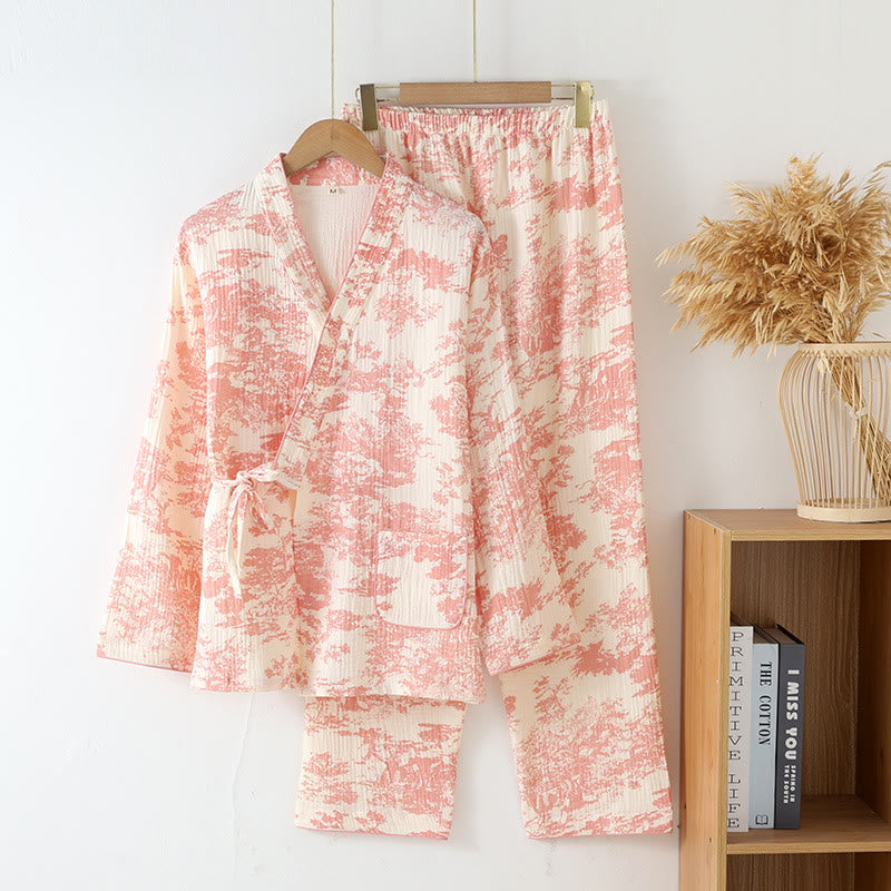 Women’s Cotton Gauze Kimono Pajama Set – Lightweight Breathable 2-Piece Loungewear