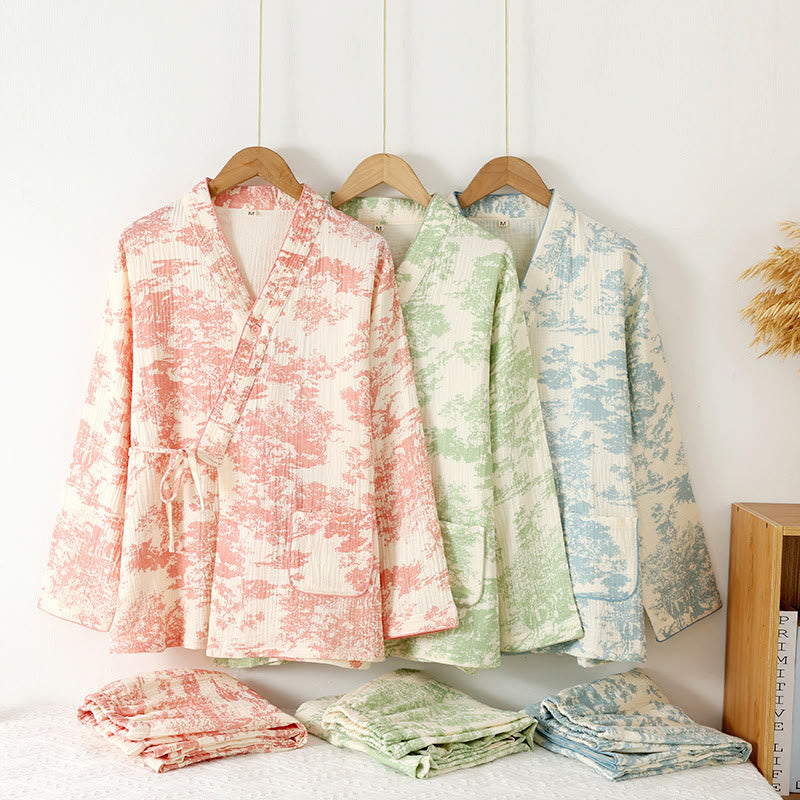 Women’s Cotton Gauze Kimono Pajama Set – Lightweight Breathable 2-Piece Loungewear