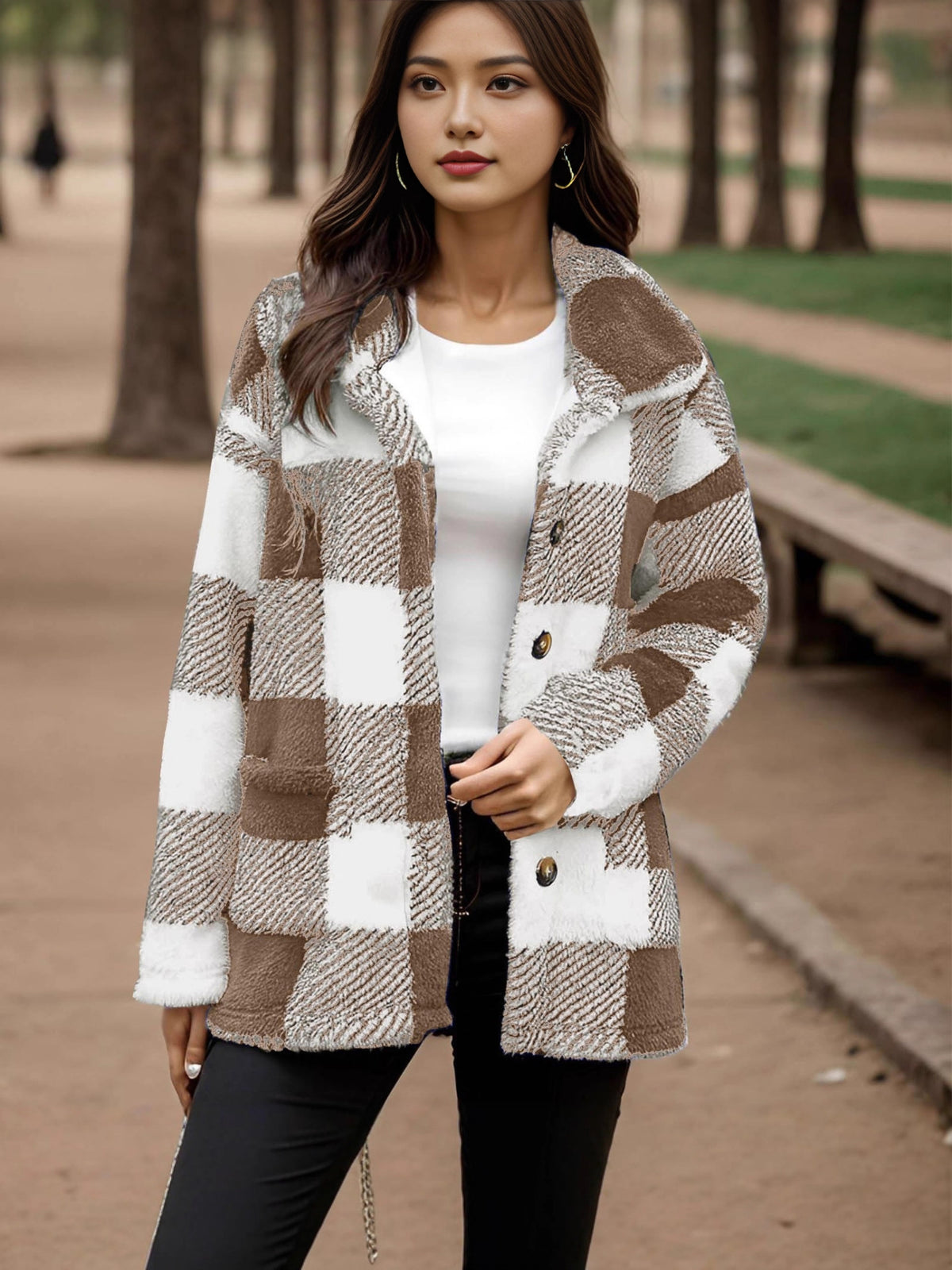 Plaid Plush Coat With Pockets - Warm and Practical