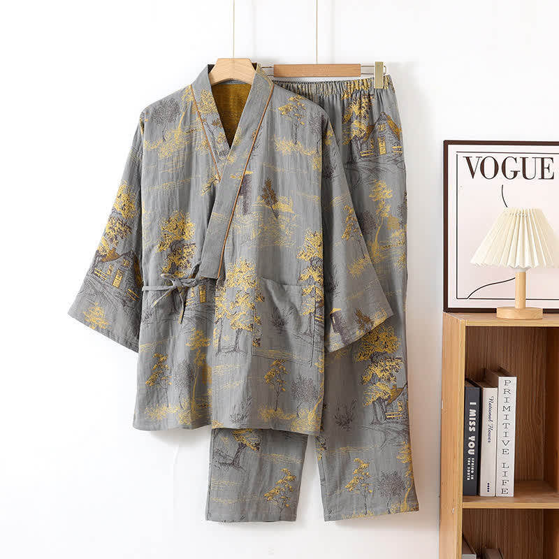 Ownkoti Neutral Landscape Cotton Kimono Pajama Set – Comfortable Loungewear Set