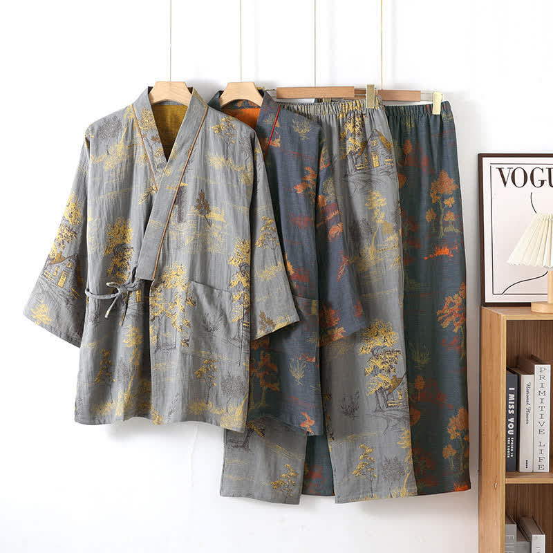 Ownkoti Neutral Landscape Cotton Kimono Pajama Set – Comfortable Loungewear Set