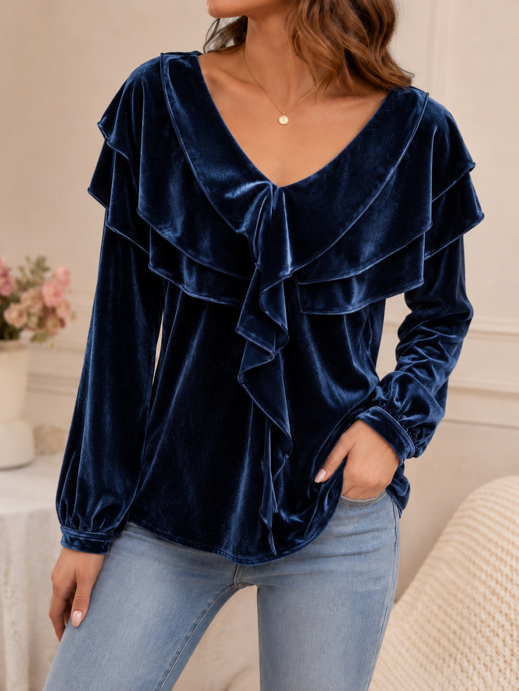 Women’s Velvet V-Neck Ruffled Top – Elegant Chic Feminine Style