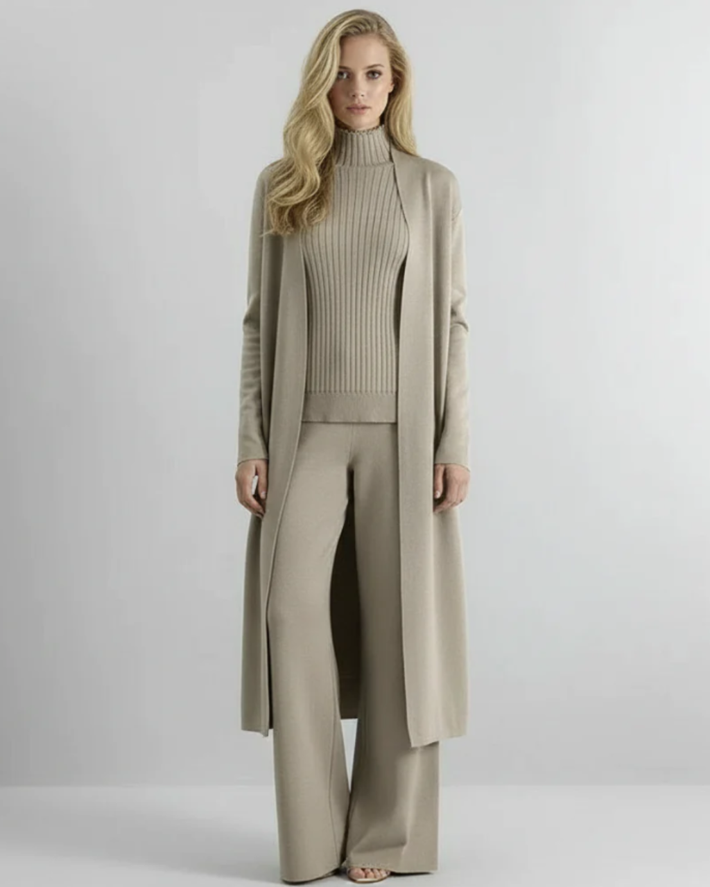Women’s Knitted 3-Piece Loungewear Set – Turtle Neck Vest, Kimono Cardigan and Pants