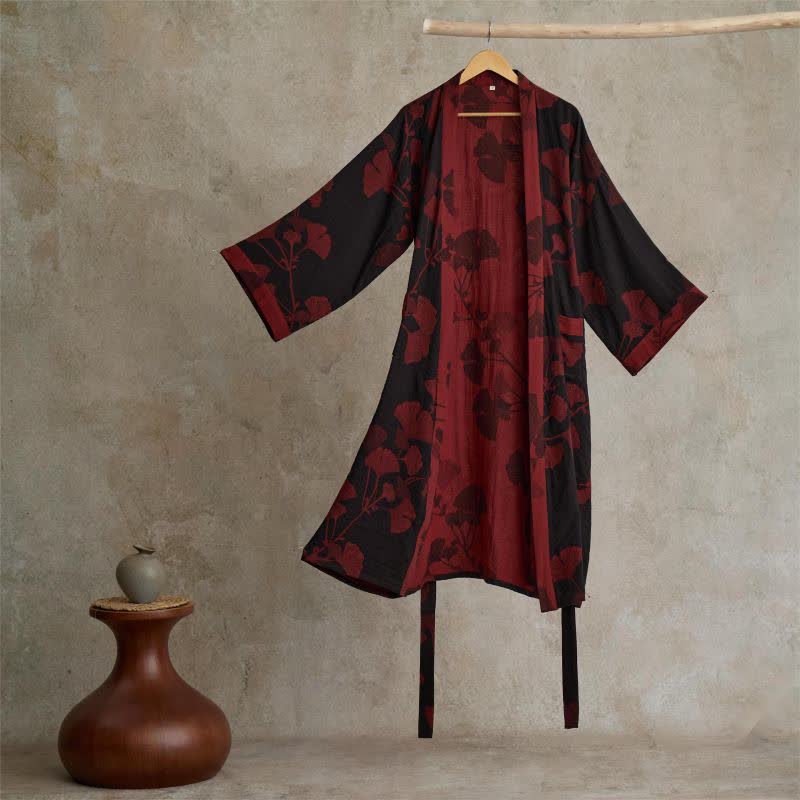 Ownkoti Ginkgo Leaf Cotton Kimono Robe – Elegant Lightweight Loungewear