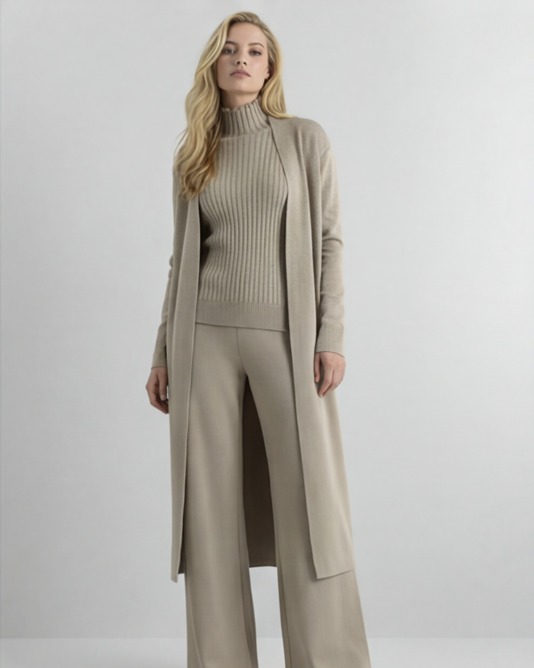 Women’s Knitted 3-Piece Loungewear Set – Turtle Neck Vest, Kimono Cardigan and Pants
