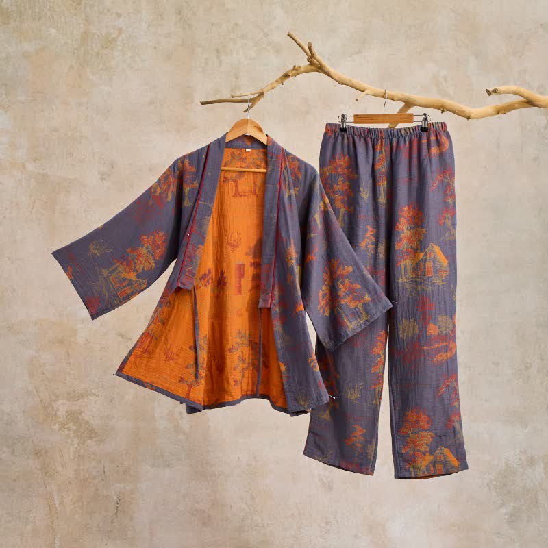 Ownkoti Neutral Landscape Cotton Kimono Pajama Set – Comfortable Loungewear Set