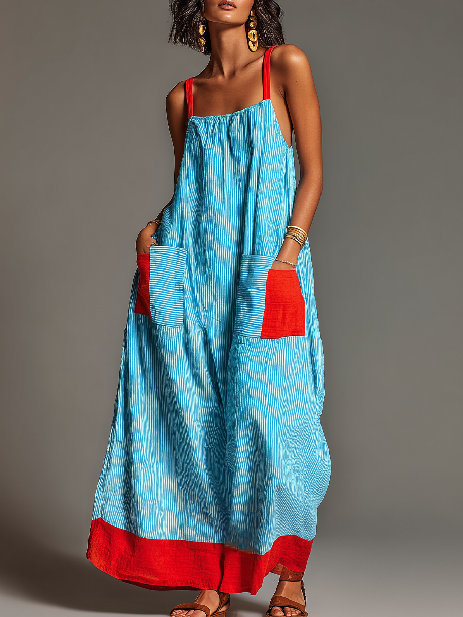 Women's Striped Color-Block Maxi Dress with Pockets – Breezy Vacation Style