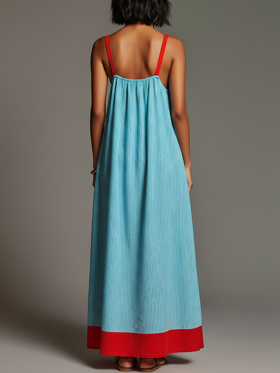 Women's Striped Color-Block Maxi Dress with Pockets – Breezy Vacation Style