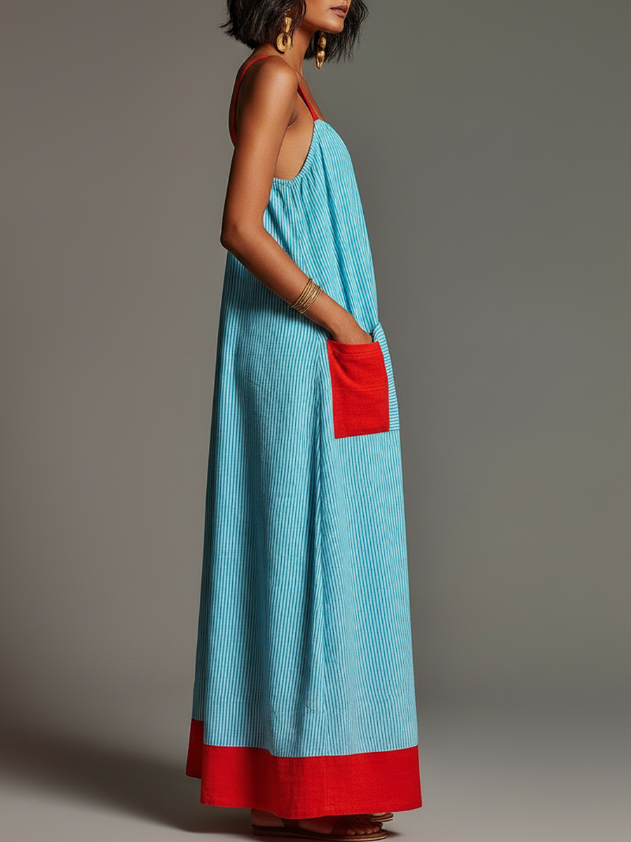 Women's Striped Color-Block Maxi Dress with Pockets – Breezy Vacation Style