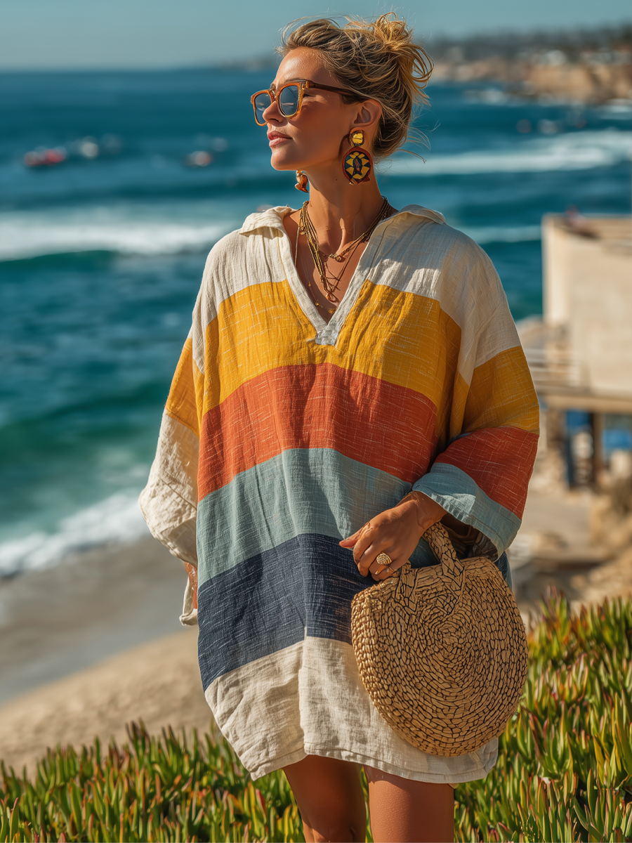 Women's Printed Collared Mini Dress – Lightweight Cotton-Linen Daywear