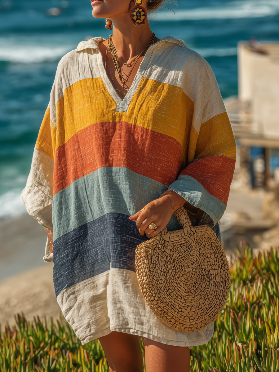 Women's Printed Collared Mini Dress – Lightweight Cotton-Linen Daywear