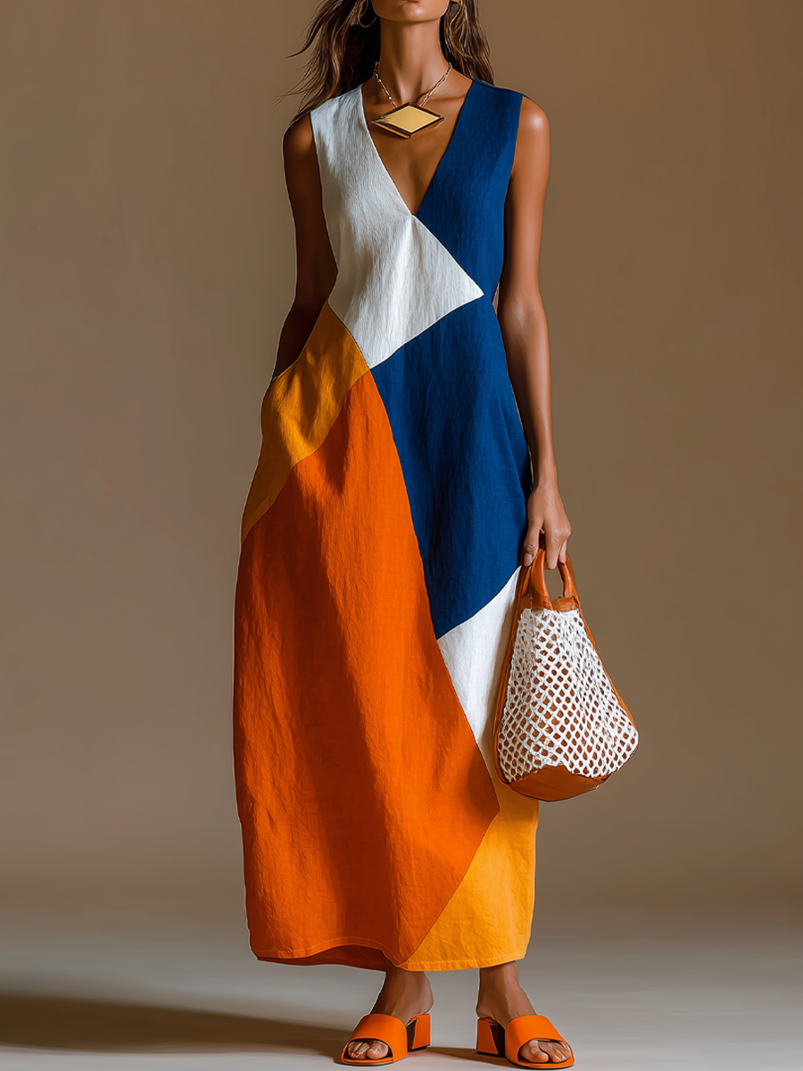 Women's Patchwork Maxi Dress with V-Neck – Relaxed Vacation Style