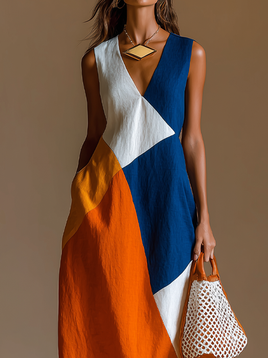Women's Patchwork Maxi Dress with V-Neck – Relaxed Vacation Style
