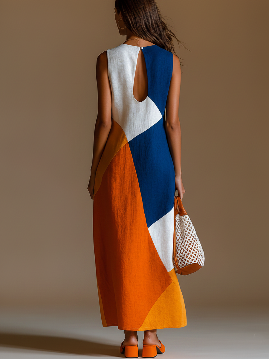 Women's Patchwork Maxi Dress with V-Neck – Relaxed Vacation Style