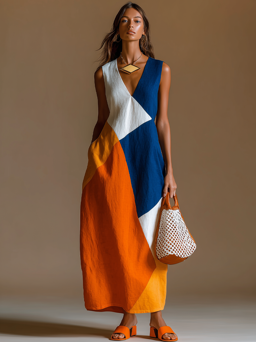 Women's Patchwork Maxi Dress with V-Neck – Relaxed Vacation Style