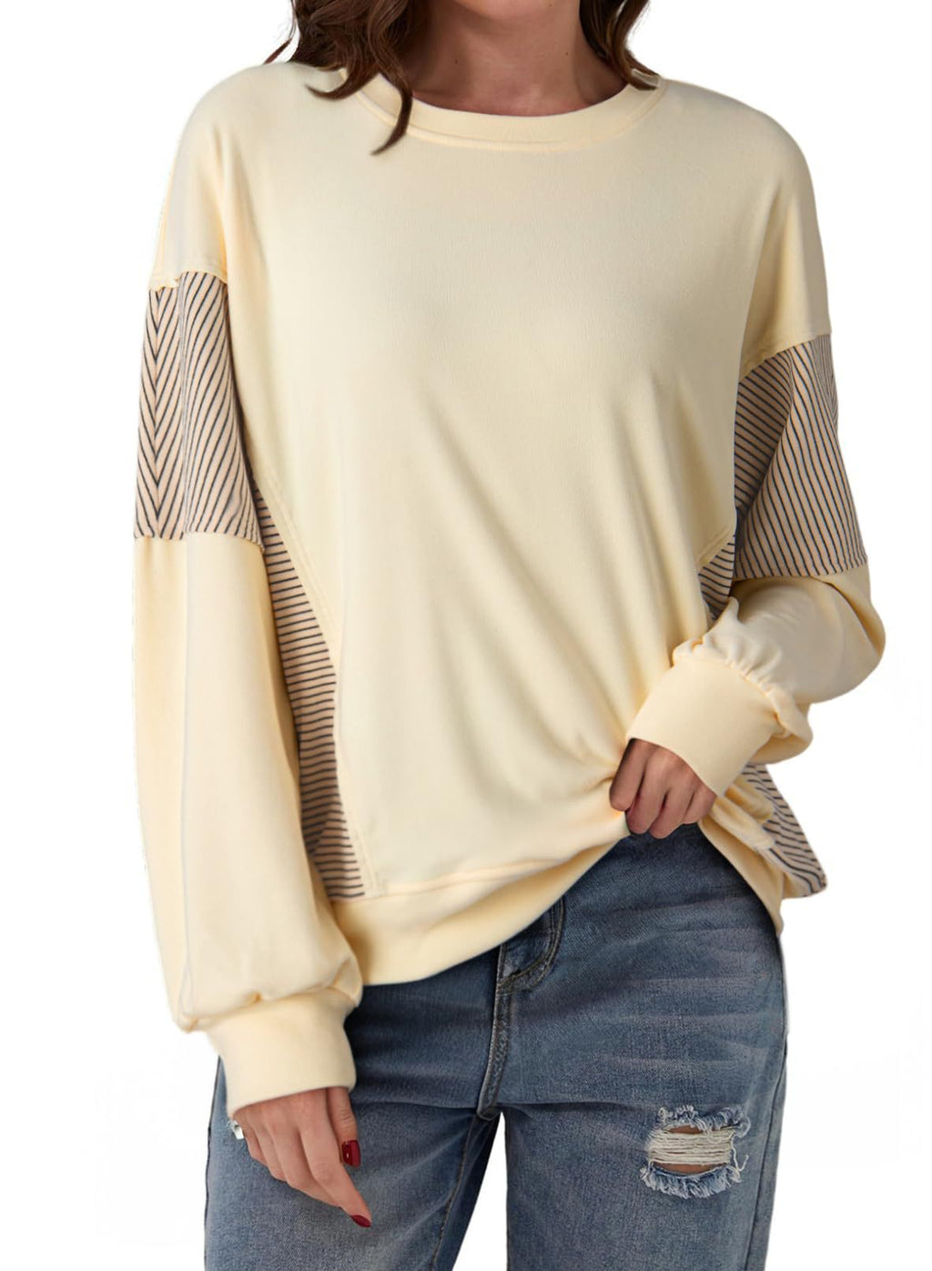 Women’s Color-Blocked Striped Sweatshirt – Casual Crew-Neck Long-Sleeve Sweater
