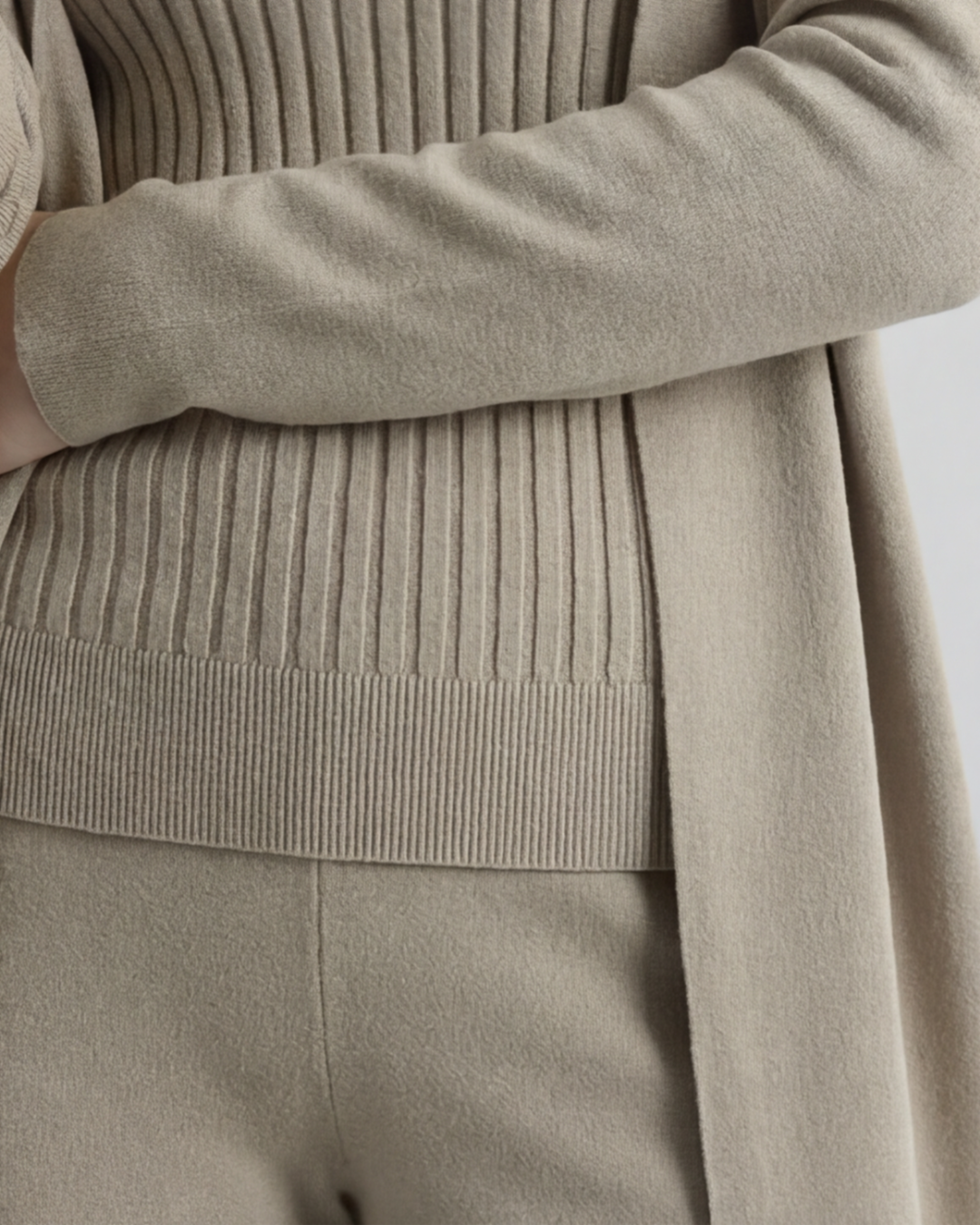 Women’s Knitted 3-Piece Loungewear Set – Turtle Neck Vest, Kimono Cardigan and Pants