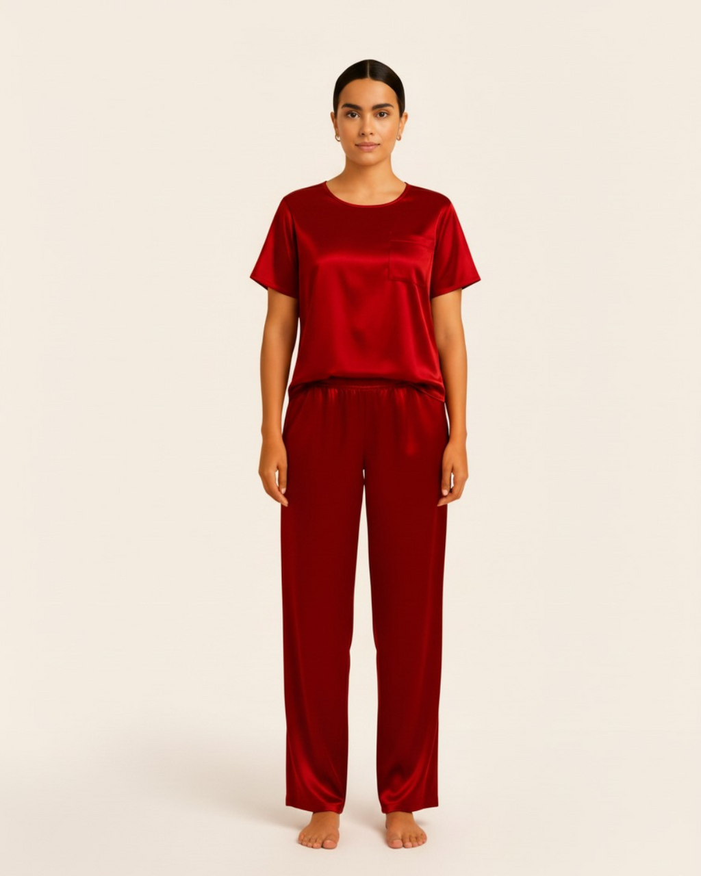 Dames satijnen pyjamaset – Top met korte mouwen en lange broek, zijdezachte pyjamaset