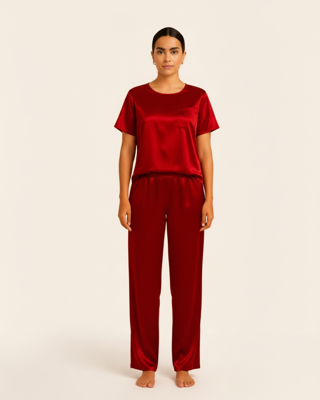 Dames satijnen pyjamaset – Top met korte mouwen en lange broek, zijdezachte pyjamaset