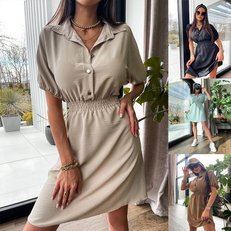 Women's Tailored Collar Midi Dress - Button Front Waist-Defined Style