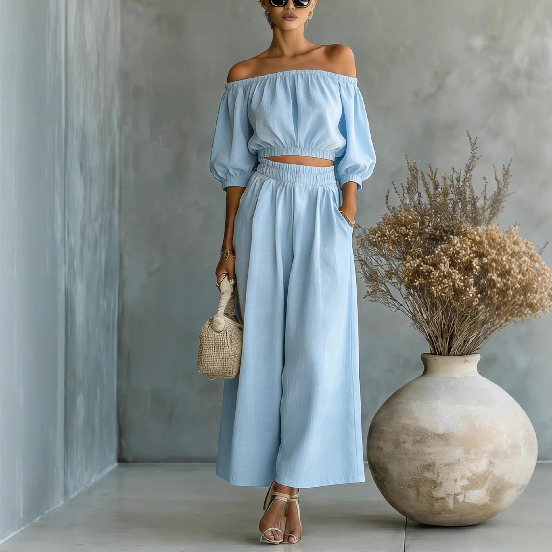 Women’s Patchwork Two-Piece Set – Long Sleeve Top &amp; Ankle-Length Pants Set