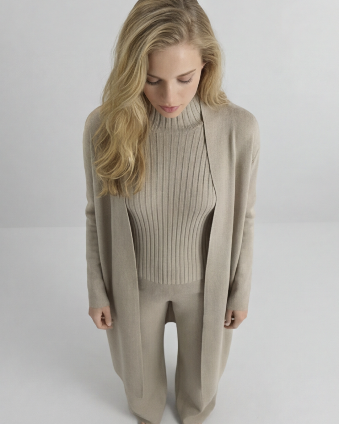 Women’s Knitted 3-Piece Loungewear Set – Turtle Neck Vest, Kimono Cardigan and Pants