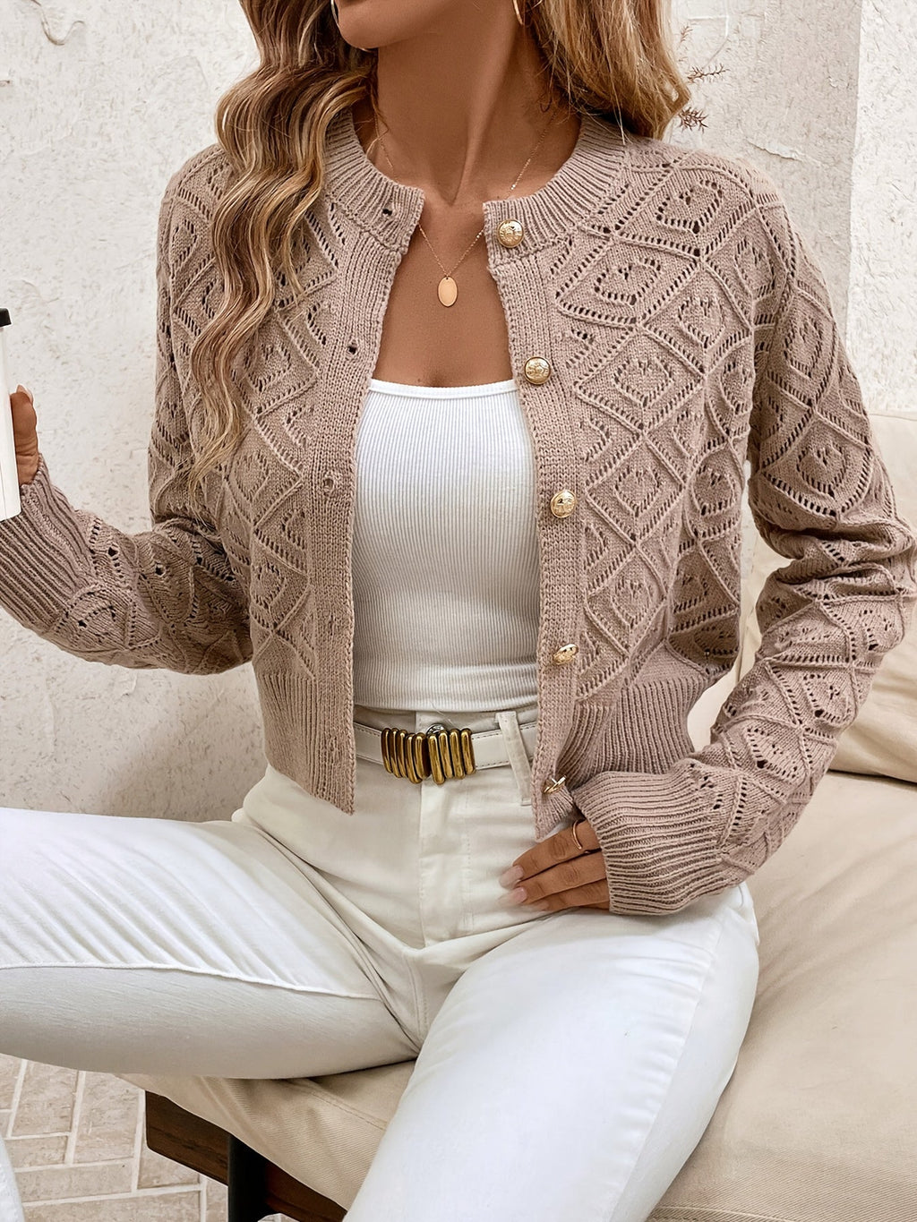 Buttoned Openwork Cardigan - Elegant and Light
