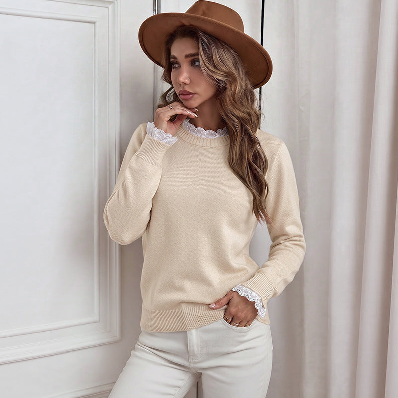 Women's Lace Detail Crew Neck Sweater - Soft Feminine Everyday Knit