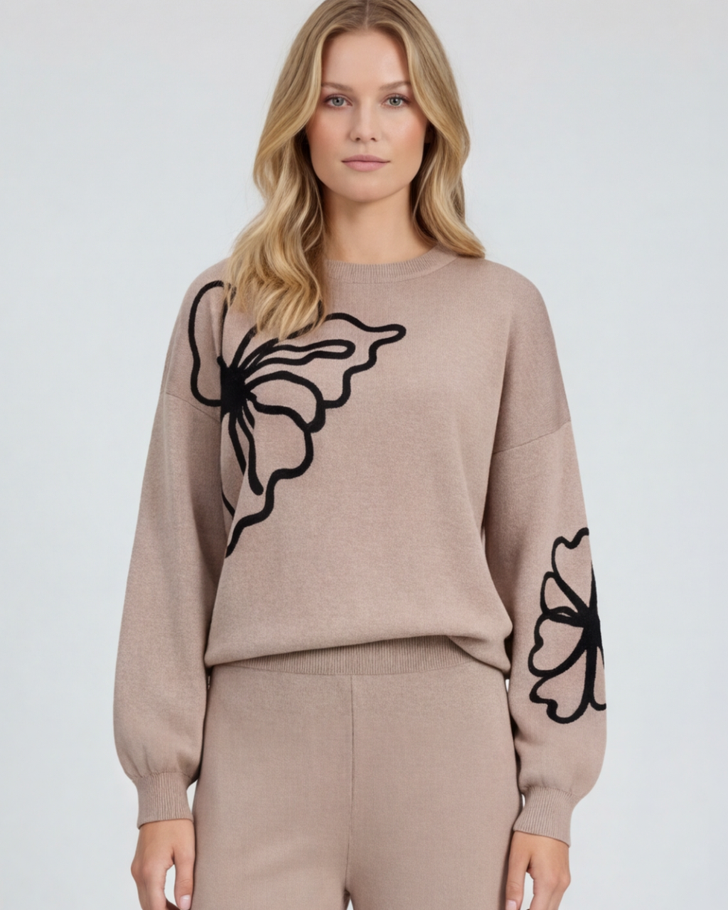 Women’s Premium Knitted Loungewear Set – Round Neck Embroidered Top and Wide-Leg Pants
