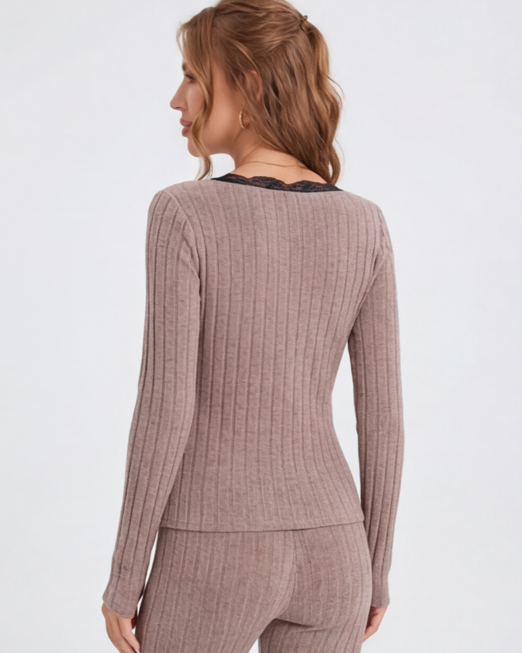 Women’s Ribbed Knit Lounge Set – Slim-Fit Long-Sleeve Top and Pants