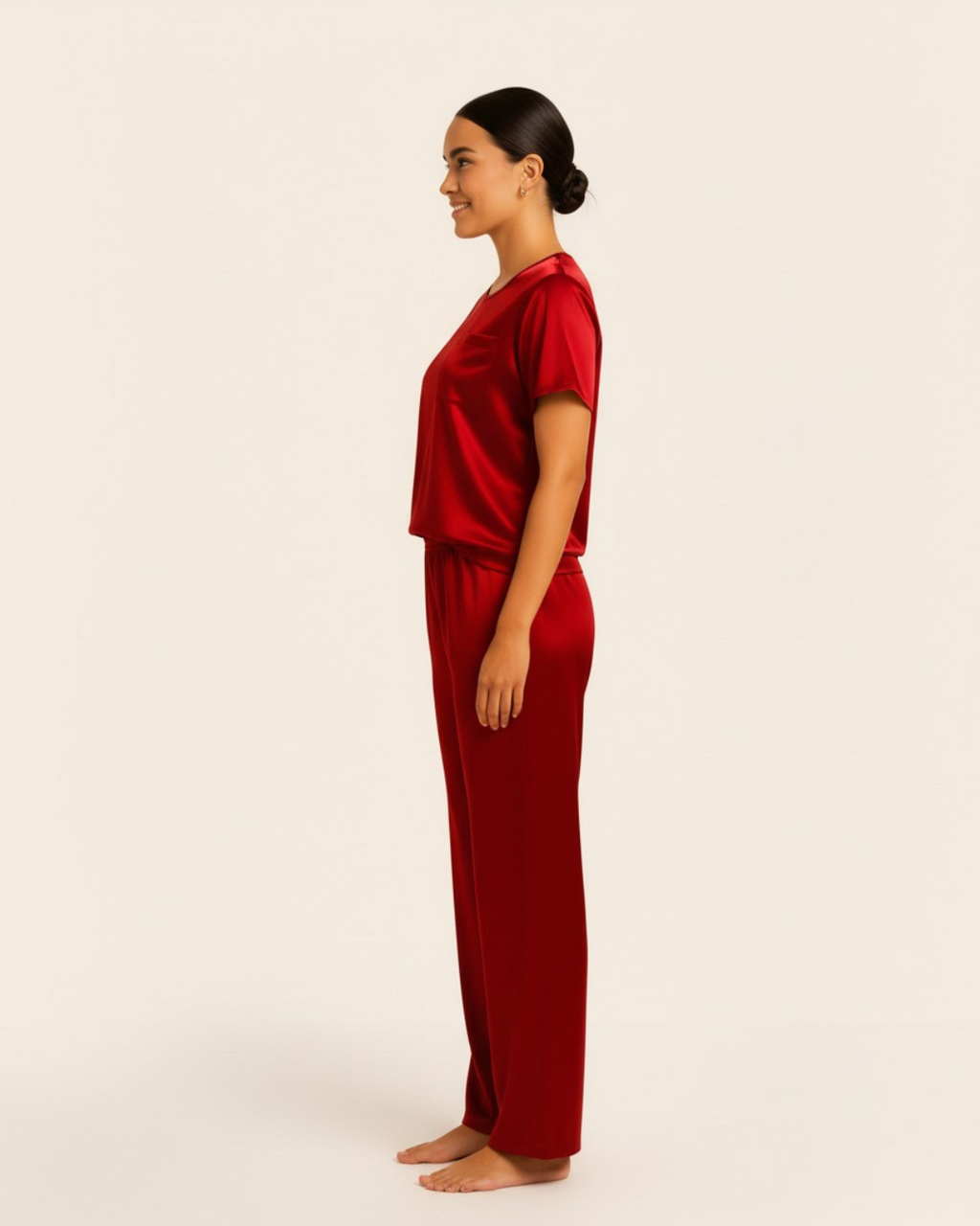 Dames satijnen pyjamaset – Top met korte mouwen en lange broek, zijdezachte pyjamaset