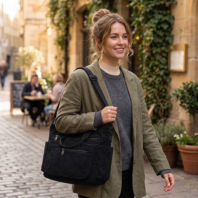 Corduroy Multi-Pocket Crossbody Bag - Roomy and Adjustable