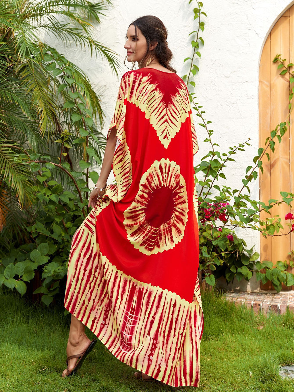 Women's Printed V-Neck Maxi Holiday Dress - Relaxed One Size Daywear