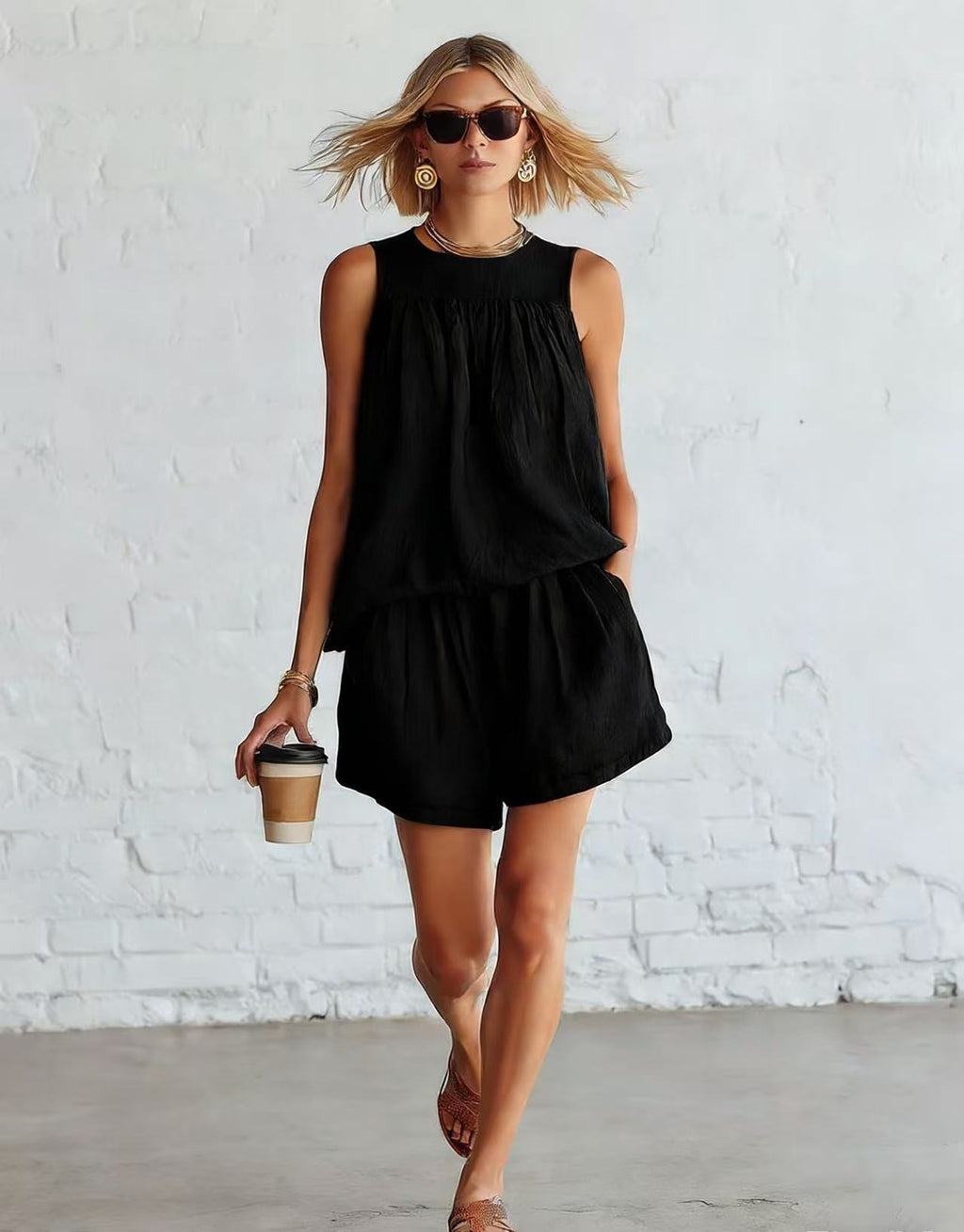 Women's Sleeveless Pleated Top and Wide-Leg Shorts Set – Effortless Summer Co-Ord Style
