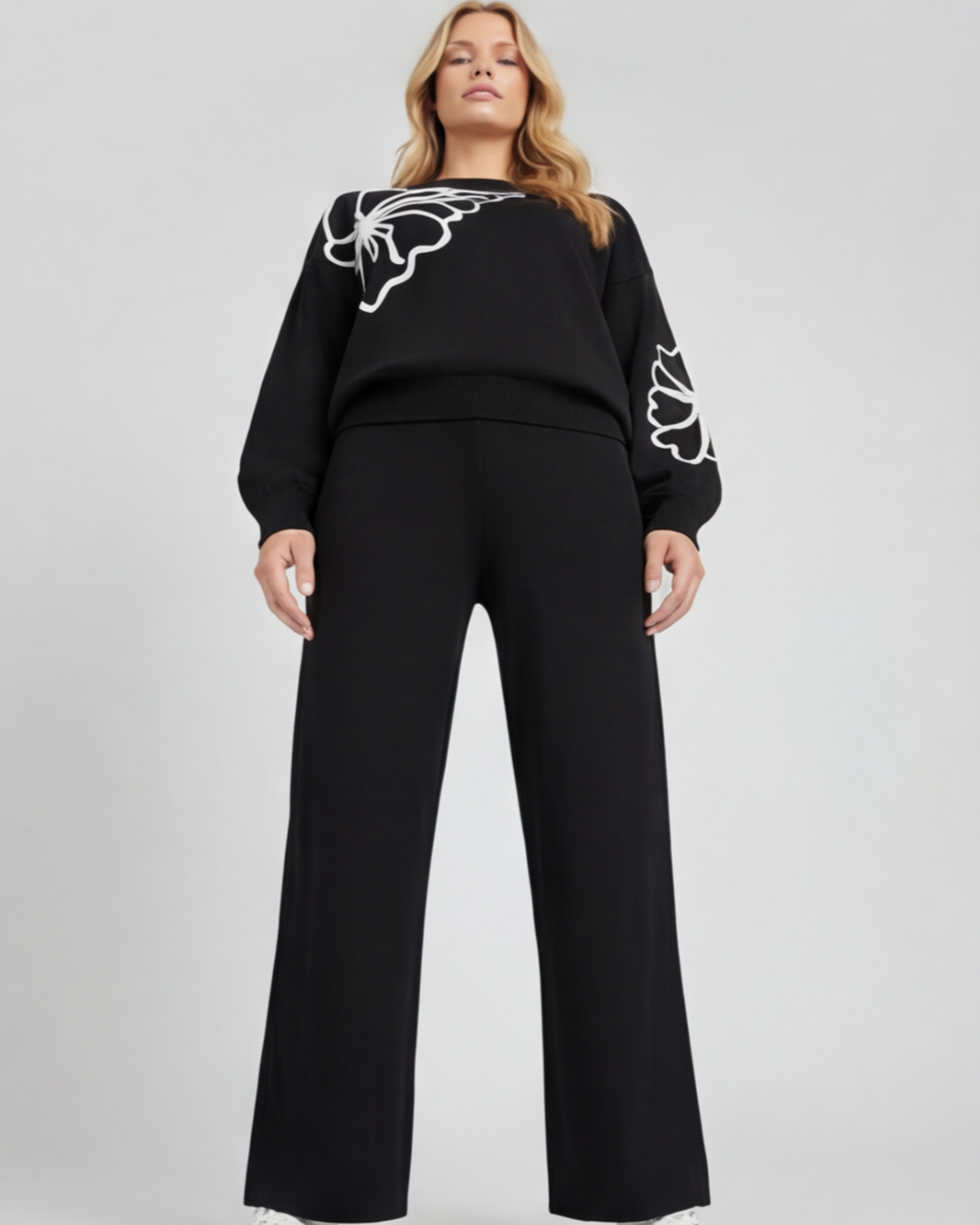 Women’s Premium Knitted Loungewear Set – Round Neck Embroidered Top and Wide-Leg Pants
