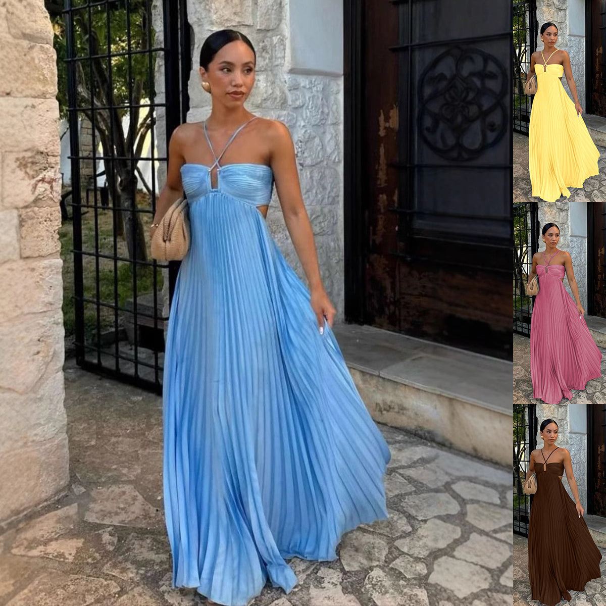 Women's Pleated Sleeveless Halter Dress – Elegant Evening Party Style