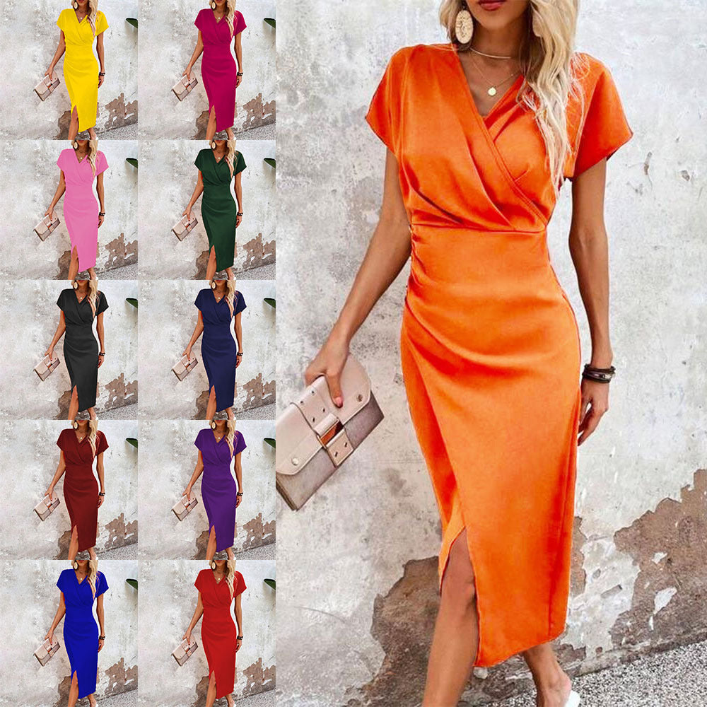 Women’s Slim-Fit Short Sleeve Dress – Split V-Neck Sexy Summer Party Style