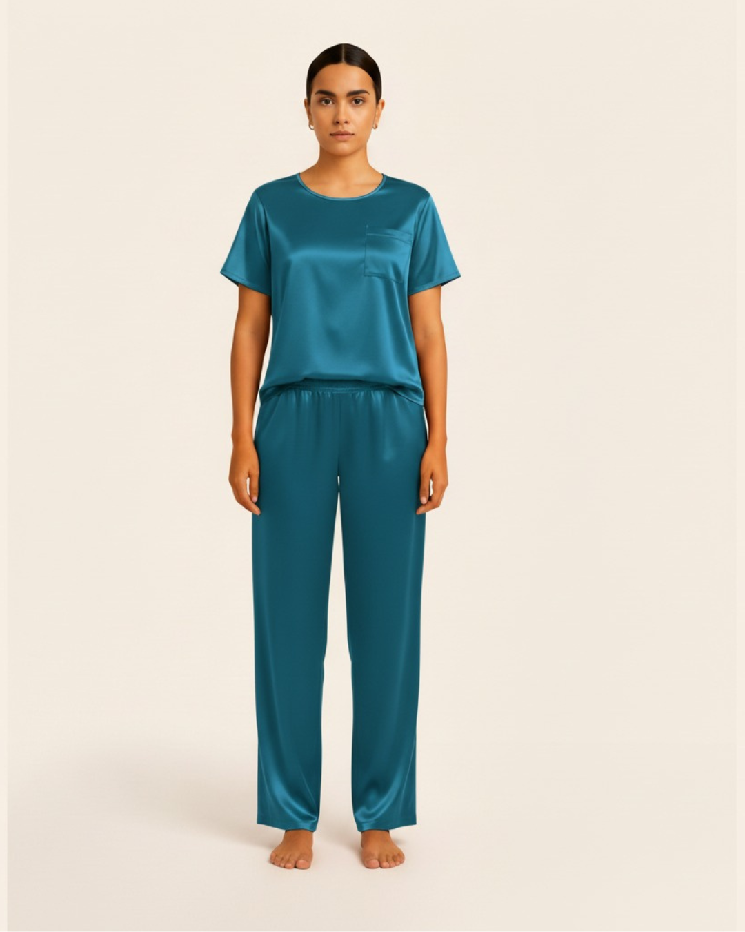 Dames satijnen pyjamaset – Top met korte mouwen en lange broek, zijdezachte pyjamaset