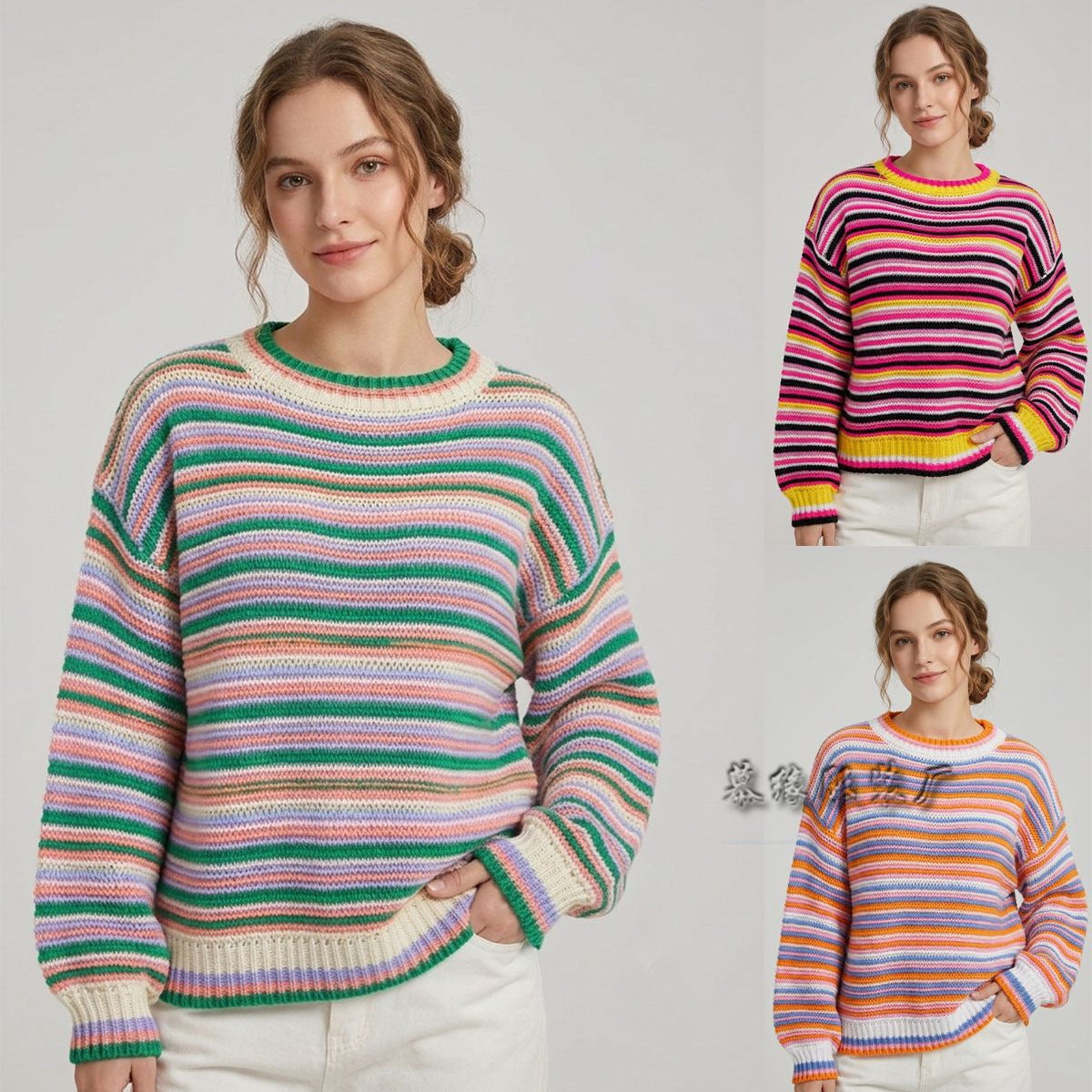 Women’s Striped Crew Neck Knit Sweater – Loose-Fit Cozy Casual Style