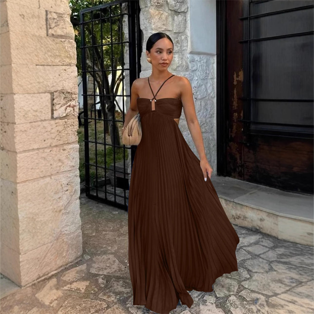 Women's Pleated Sleeveless Halter Dress – Elegant Evening Party Style
