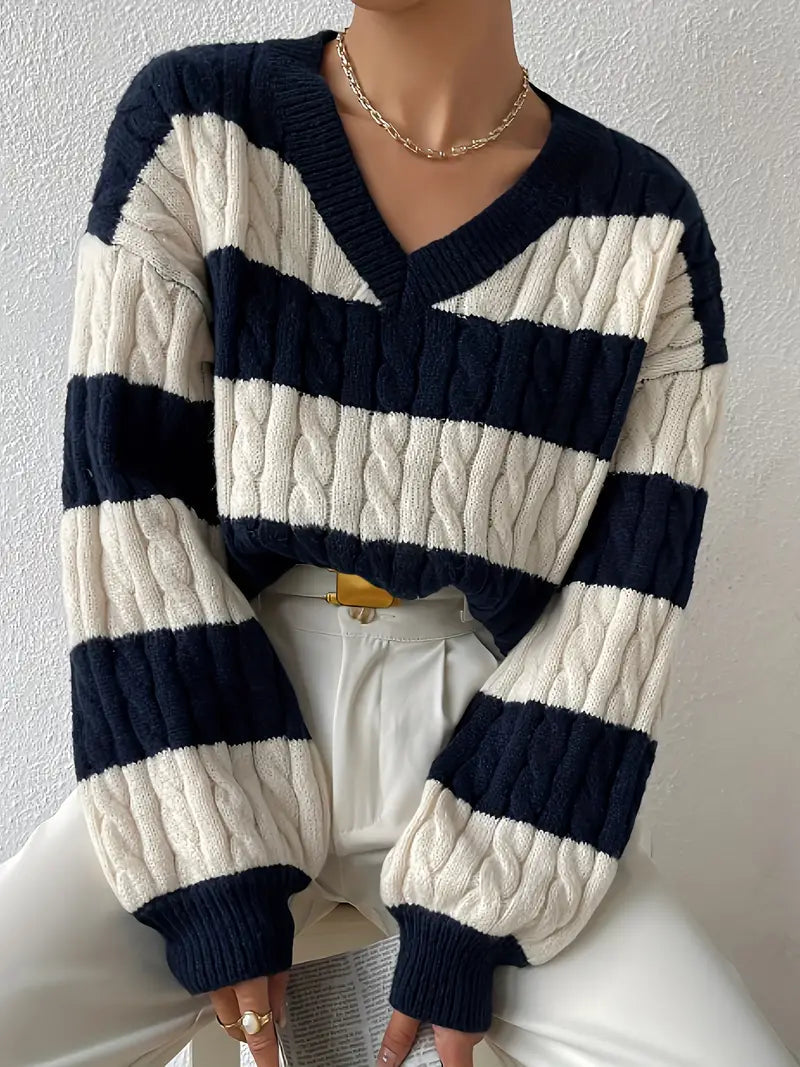 Striped loose V-neck sweater