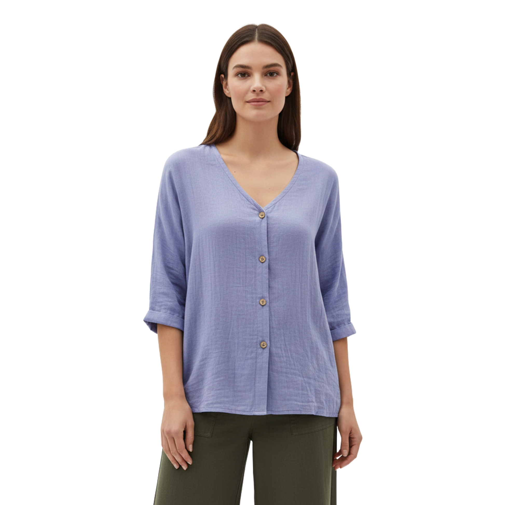 Women's V Neck Button Blouse – Linen Cotton 3/4 Sleeve Top