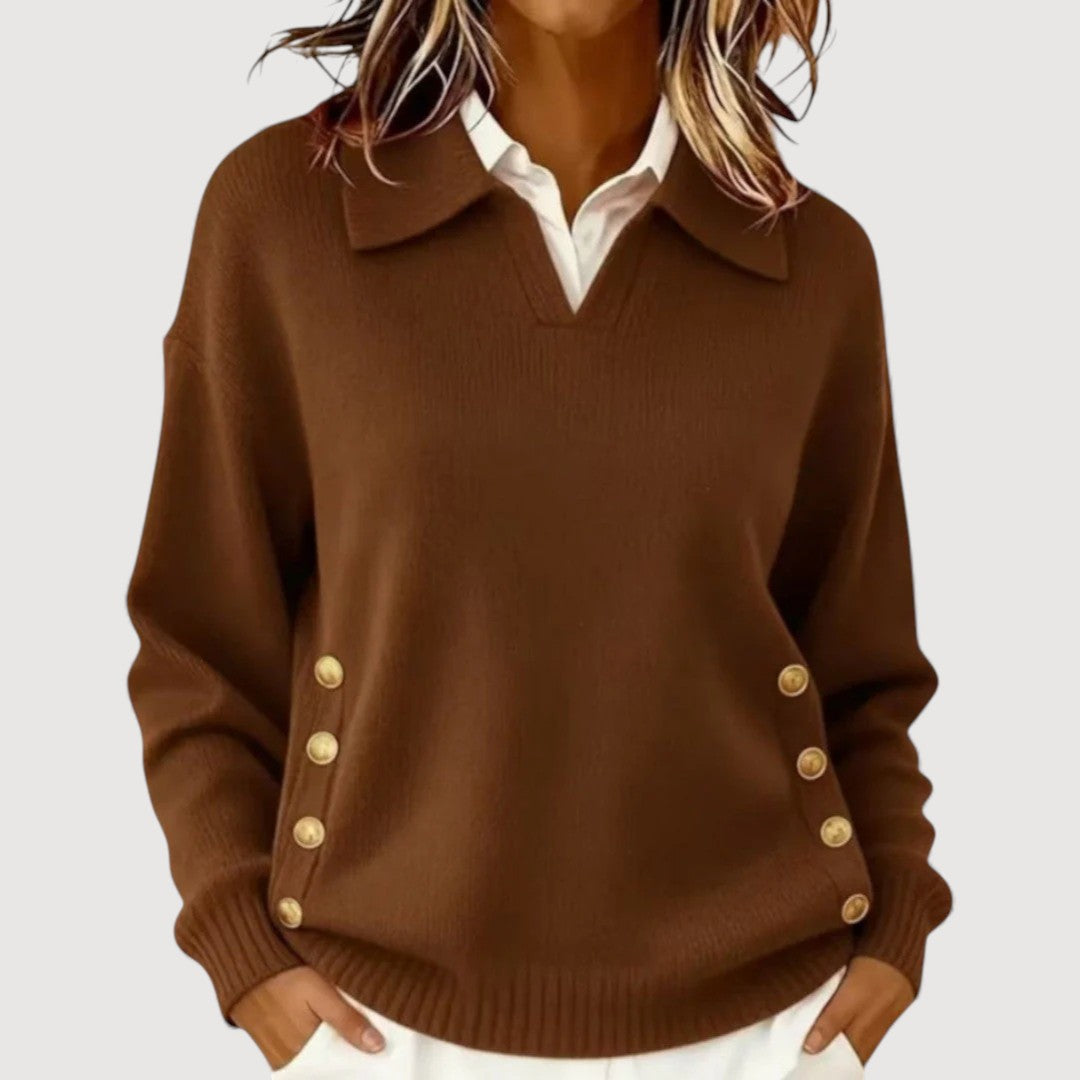 Women’s V-Neck Knit Sweater – Elegant Button-Detail Pullover