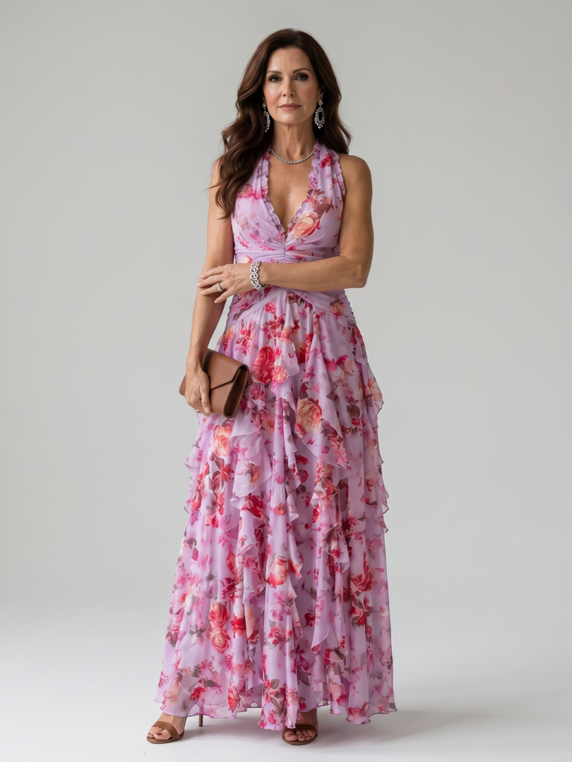 Women's Halter Neck Ruched Bodice Floral Maxi Dress - Elegant Occasion Flow
