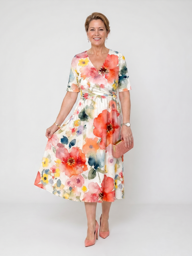 Women's Floral V-Neck Midi Dress – Short Sleeve Everyday Elegance